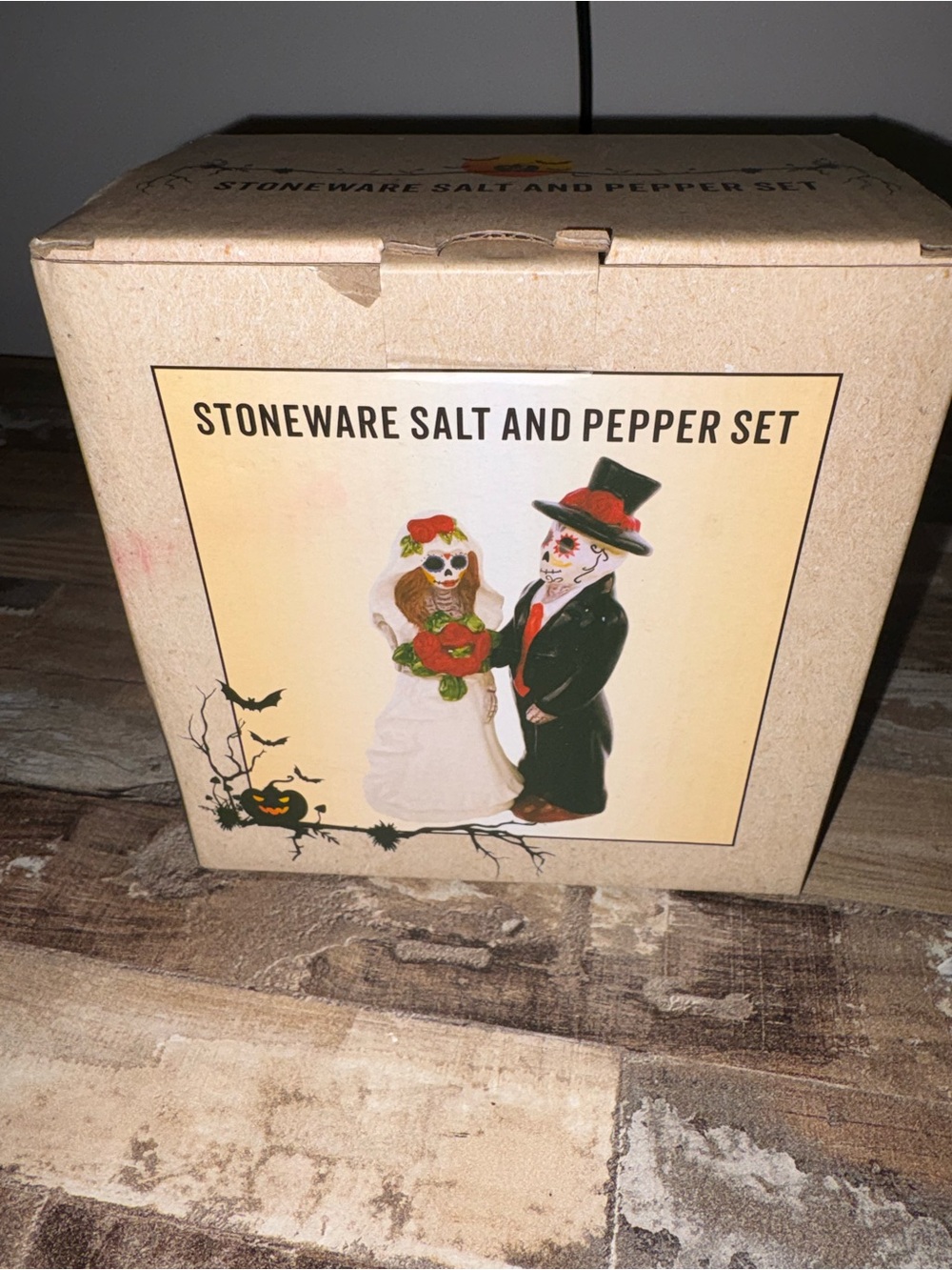 Stoneware Salt and Pepper Set - Halloween Bride & Groom - Brown/Black/White